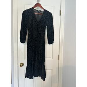 Calvin Klein Velvet Leopard Wrap Dress Sz 4 Black Burnout Midi Long Sleeve Party